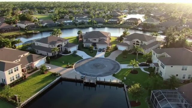 Bird&rsquo;s-eye view of the American gated community houses in rural US suburbs. View from above of large residential homes in small town