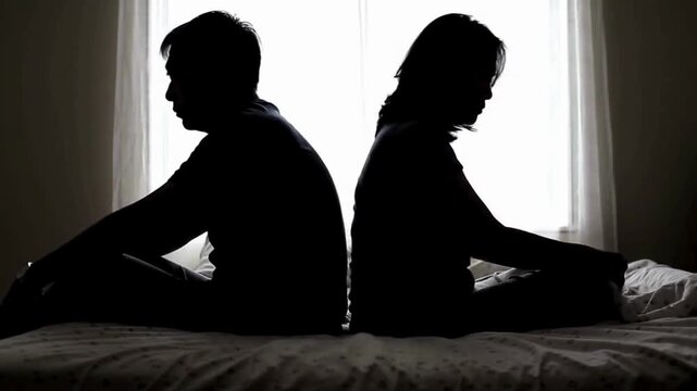 A couple quarreling concept of family relationship problems divorce, black silhouette of man and woman sitting at bed back to back resentment towards each other window in dark room