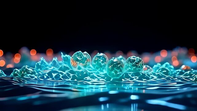 Imagine a vibrant cluster of interconnected molecules with pulsating layers like aurora curtains, set against a sleek black backdrop, where waves of brilliant emerald and sapphire hues