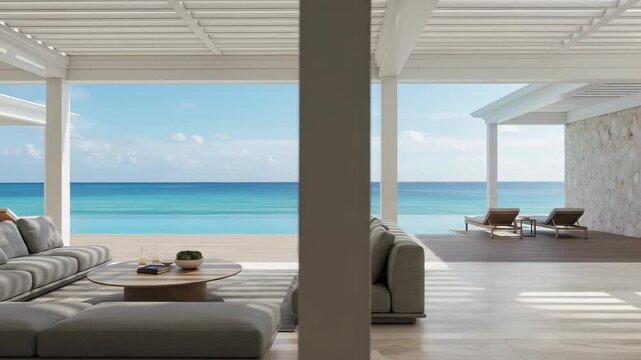 Luxury Villa Retreat: Serene seaside view from an open-concept villa with grey sofas and inviting beach scenery, promoting relaxation.