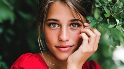 Fototapeta premium Woman with blue eyes and brown hair surrounded by green foliage in natural outdoor setting