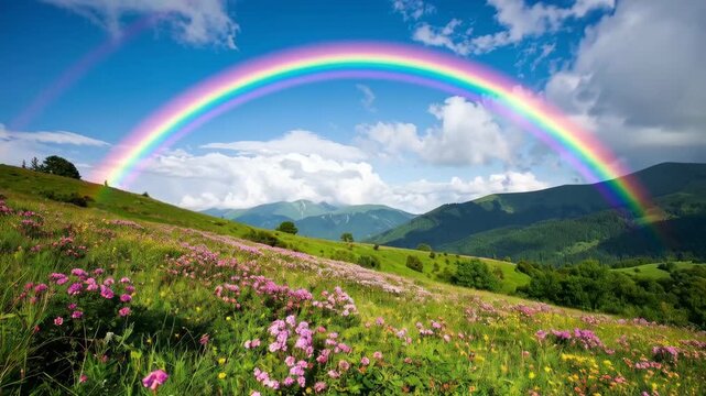 Scenic panorama showcasing a vibrant rainbow arcing over a lush wildflower meadow and mountain range under a partly cloudy blue sky - Powered by Adobe