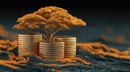 Abstract tree of stacked coins with growing ROI leaves on digital grid, representing wealth compounding strategy visually.