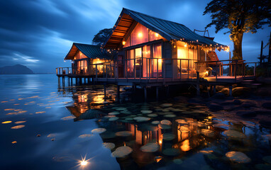 Fototapeta premium Charming lakeside bungalows illuminated at dusk with reflections on calm water in a serene location