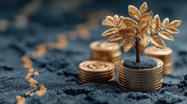 Abstract tree of stacked coins with growing ROI leaves on digital grid, representing wealth compounding strategy visually.