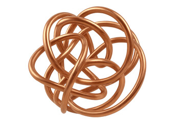 Intricate copper wires intertwining to form a complex knot, isolated on a transparent background, creating a visually captivating design