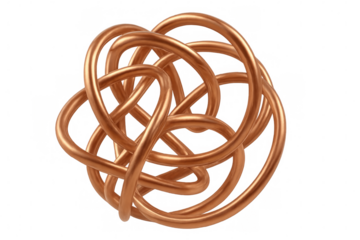 Intricate copper wires intertwining to form a complex knot, isolated on a transparent background, creating a visually captivating design