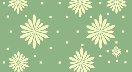A Simple Vintage Floral Pattern Featuring Light Yellow Starbursts and Small Square Dots on a Pale Green Background
