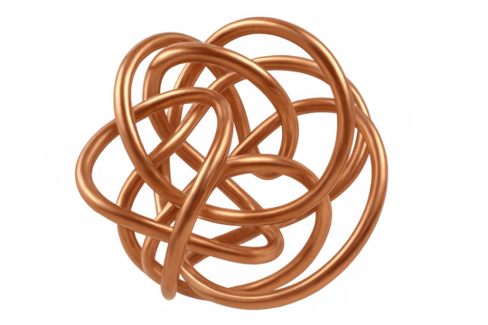 Intricate copper wires intertwining to form a complex knot, isolated on a transparent background, creating a visually captivating design