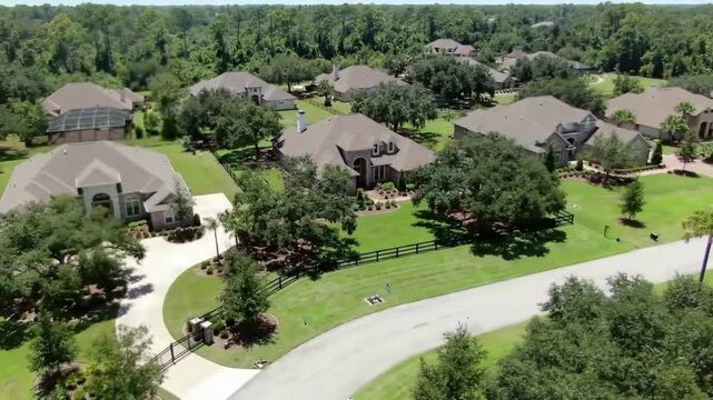 Bird&rsquo;s-eye view of the American gated community houses in rural US suburbs. View from above of large residential homes in small town