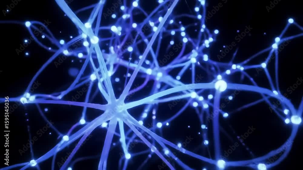 Poster abstract glowing blue neural network synapses and dendrites pulsing with light and energy on a dark 