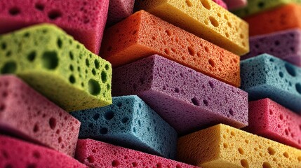 Colorful sponge blocks stacked in a vibrant, geometric pattern