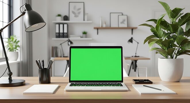 Modern home office workspace with laptop and green screen.