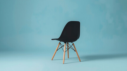 Modern Black Chair with Wooden Base Against Textured Blue Green Backdrop