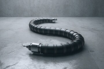 Dark, segmented robotic arm curves on gray concrete
