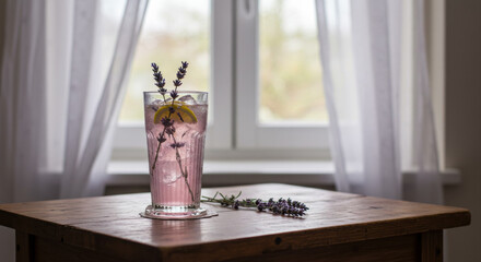 Pink drink with lavender garnish