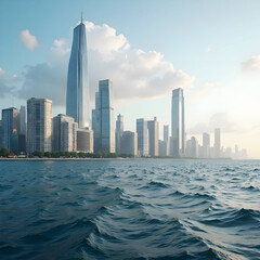 Fototapeta premium Sea by modern buildings against sky in city