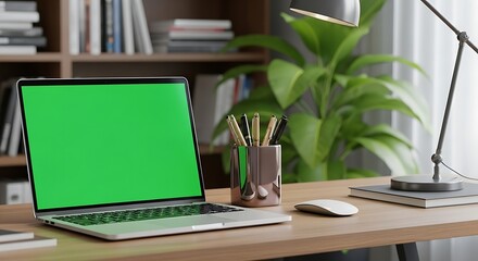 Modern laptop with a green screen display on a wooden desk in a home office setting.