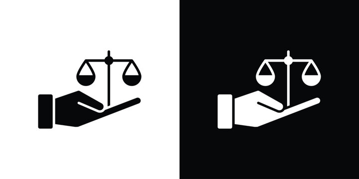 Justice scales in Hand icon vector, solid illustration, pictogram set.