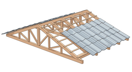 Detailed illustration of timber roof truss construction showing metal sheet roofing installation progress