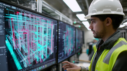 Dcim software. Data Center Infrastructure Management. Engineer viewing 3D data center schematic visualization.