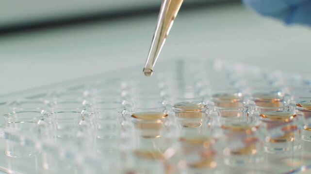 A gloved hand uses a pipette to transfer soft-orange liquid into multiple transparent wells of a laboratory microplate