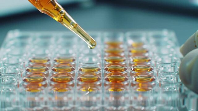A gloved hand uses a pipette to transfer soft-orange liquid into multiple transparent wells of a laboratory microplate