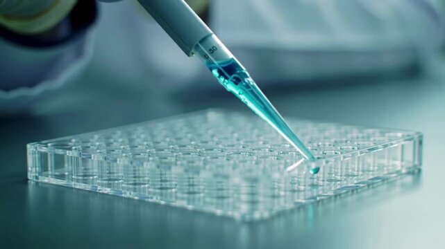 A gloved hand uses a pipette to transfer soft-blue liquid into multiple transparent wells of a laboratory microplate