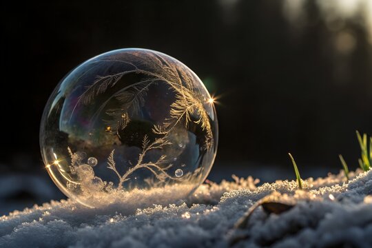 Frozen Soap Bubble on Snow at Sunrise