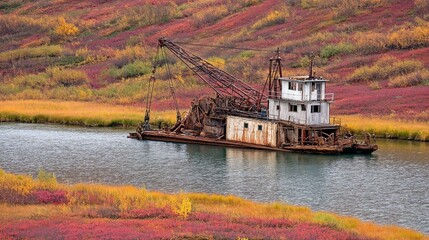 Distant gold rush dredge relic on Alaska Yukon River autumn tundra banks, historical decay for frontier documentaries or industrial archaeology art.