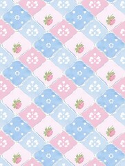pastel pink and blue argyle diamond pattern, each diamond contains small strawberries and daisy flowers, delicate cute style, gentle kawaii color palette, seamless repeat, storybook, children’s wallpa