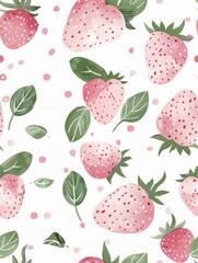 white background, scattered hand-drawn pink strawberries with green leaves, soft pastel pink polka dots, seamless storybook kawaii pattern, gentle for children’s fabric