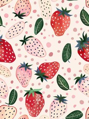 white background, scattered hand-drawn pink strawberries with green leaves, soft pastel pink polka dots, seamless storybook kawaii pattern, gentle for children’s fabric