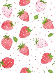 white background, scattered hand-drawn pink strawberries with green leaves, soft pastel pink polka dots, seamless storybook kawaii pattern, gentle for children’s fabric
