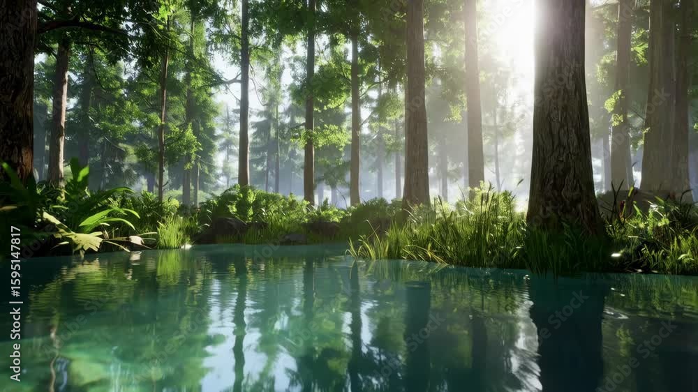 Poster sunlight filters through tall trees casting reflections on a tranquil pond in a dense lush forest en