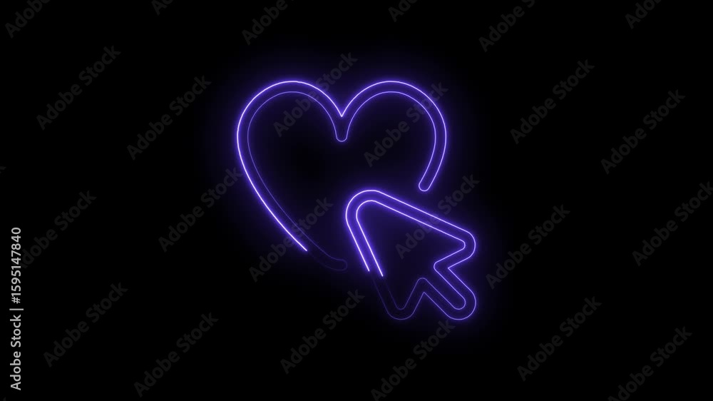 Poster glowing purple neon heart icon with cursor pointer symbol animated on black background futuristic di