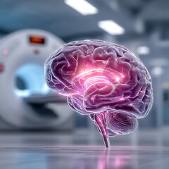 MRI technologist, glowing brain scan in axial slices, vibrant incandescent neon blue and purple light, futuristic hospital setting, MRI tunnel with soft gradient glow, digital art, centered compositio