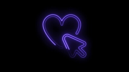 Glowing purple neon heart icon with cursor pointer symbol animated on black background futuristic digital - Powered by Adobe