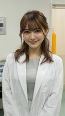 Japanese 20-years-old girl , she is doctor, she is Korean idol, G cup ,she is wearing white doctor coat , front shot , she is happy , Hospital examination room background