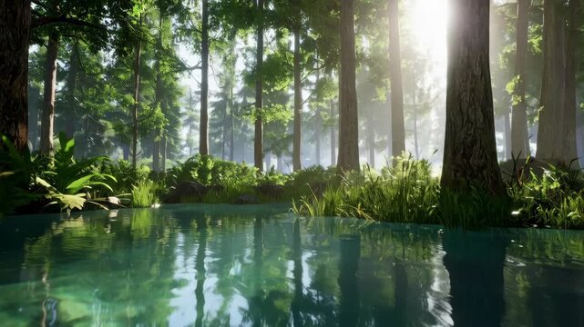 Sunlight filters through tall trees casting reflections on a tranquil pond in a dense lush forest environment.