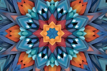 Colorful, symmetrical, 3D mandala pattern