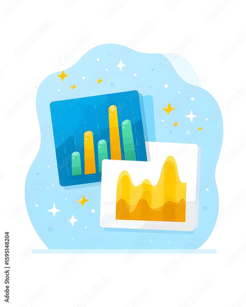 Aufkleber colorful bar and area charts with data visualizations against a blue background surrounded by sparkl
