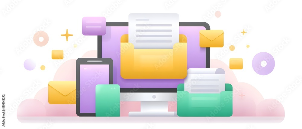 Poster illustration of digital document management with cloud storage, envelopes, and multiple devices exch