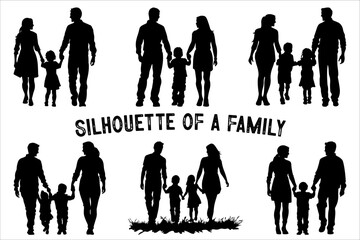 Family Walking Silhouette Vector  Holding Hands Together.