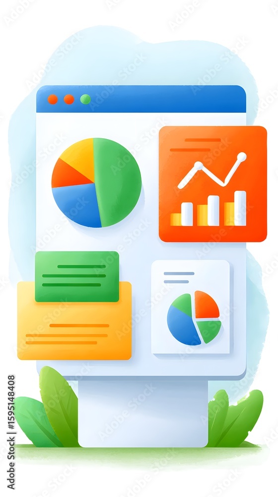 Aufkleber a stylized illustration of a digital dashboard showing colorful pie charts, bar graphs, and text box