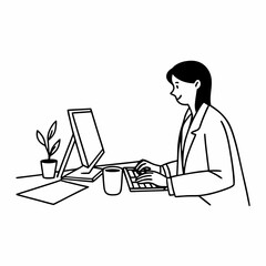 Elegant line art of an office worker typing on a computer, sitting at a desk with coffee mug and papers