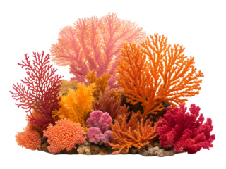 Vibrant natural coral formations displaying diverse branching and fan shapes in bright red, orange, and pink hues, isolated transparent png.