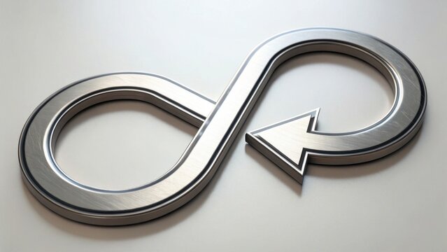 A metallic silver infinity symbol with a sharp arrow integrated, symbolizing endless continuity or perpetual motion on a light surface. - Powered by Adobe