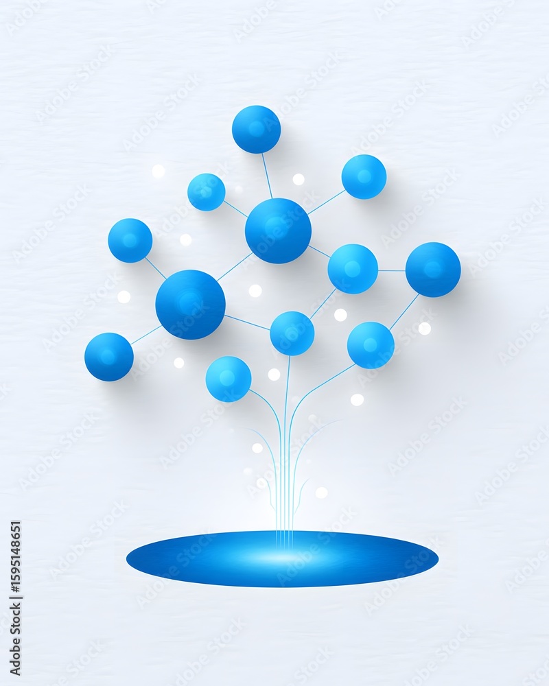 Aufkleber abstract blue 3d network of interconnected spheres emerging from a glowing circular base on a white 
