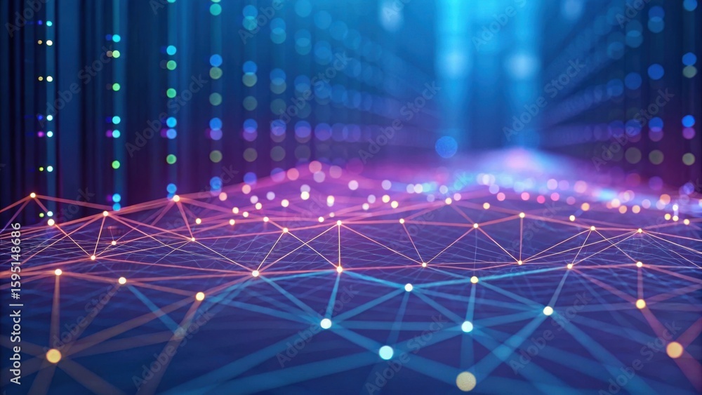 Poster a digital abstract network with connected glowing nodes and lines against a blue and purple futurist